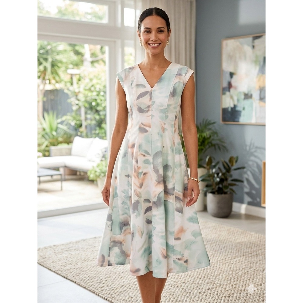 Calvin Klein Womens Watercolor Floral V-Neck Fit Flare Midi Dress Green Peach 16